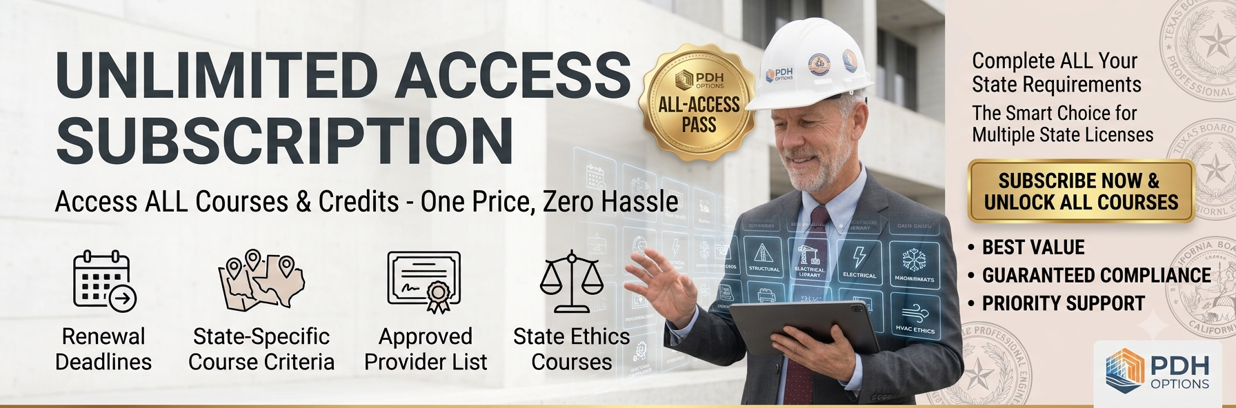 One-year all-access pass to all PDH courses — one-time purchase